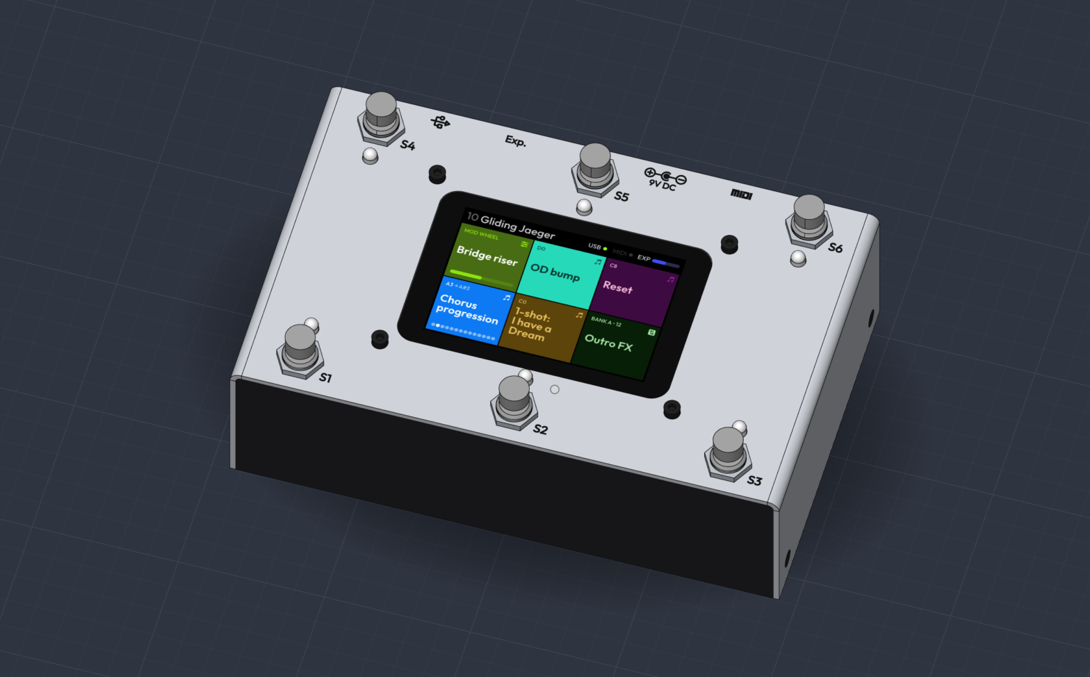 CAD render of the Phat Controller: six footswitches around a colour touchscreen showing six assignable tiles