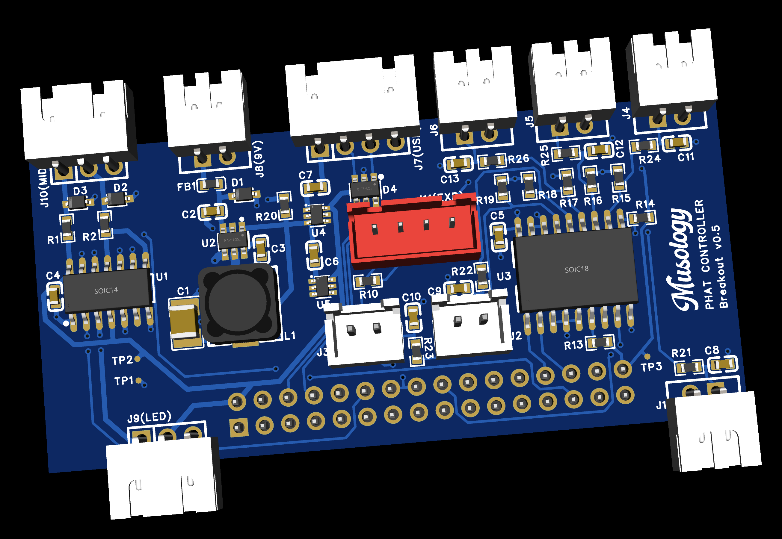 3D rendering of the prototype breakout board PCB
